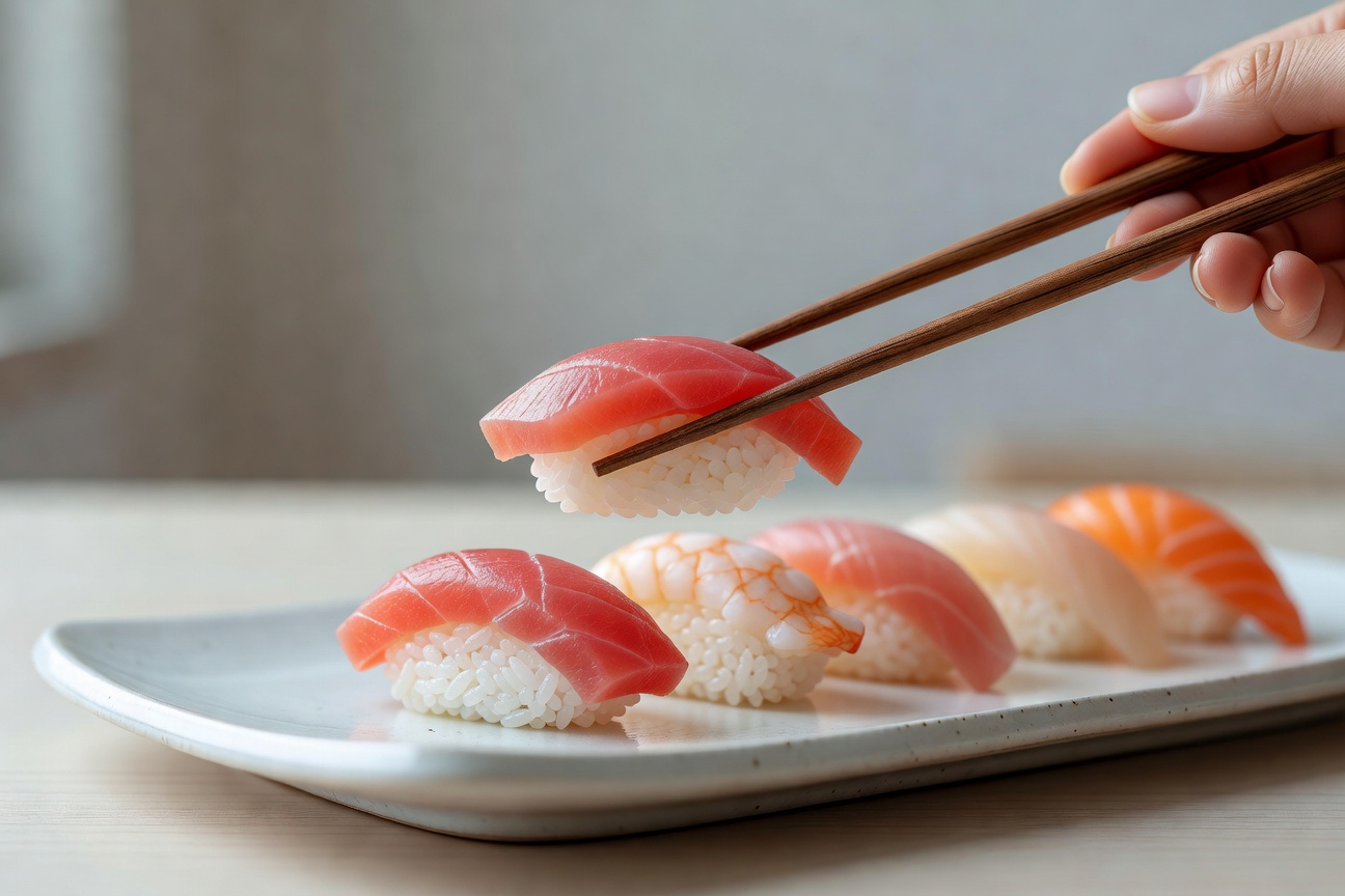 寿司を箸でつまむ